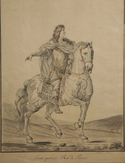 ECOLE FRANCAISE du XVIIIème siècle. Le roi Louis XIV à cheval Plume, encre noire,...