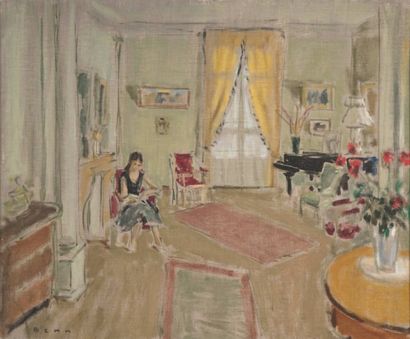 BENN (1905- 1989) Jeune fille dans un intérieur Huile sur toile marouflée sur carton...