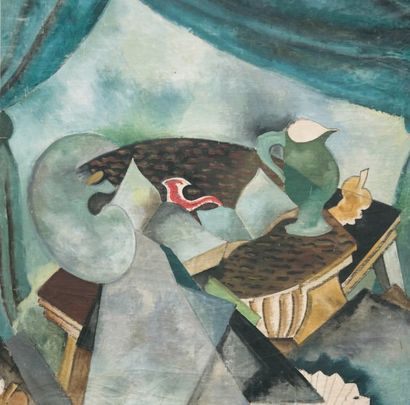 Jean LURÇAT (1892-1966) Guéridon, pipe et pichet Huile sur toile 118 x 118 cm Exposition...