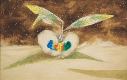 Jean LURÇAT (1892-1966) Pomme dans un paysage Aquarelle sur crayon signée en bas...