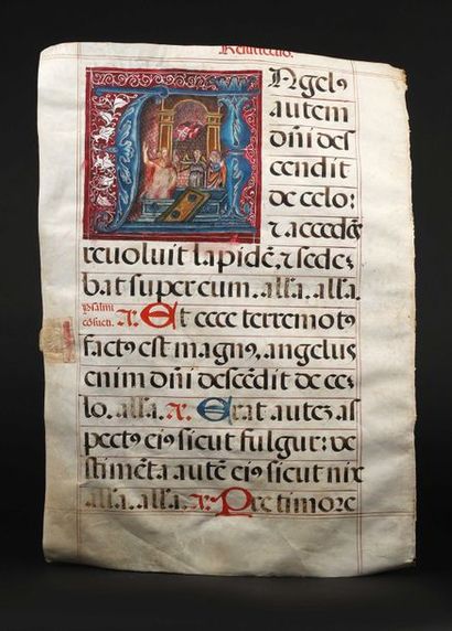 null 76° - page sur parchemin recto-verso provenant d'un ouvrage manuscrit du XVIe...