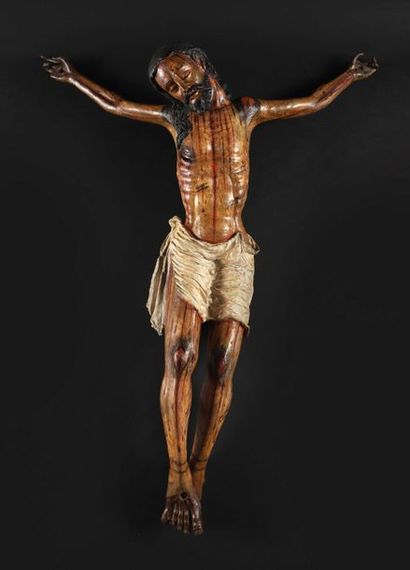 null Christ d'applique 

Bois sculpté polychrome

Espagne XIXe s. 

Périzonium en...