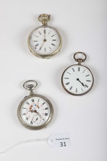 null Deux montres à cylindre en argent dont une à quantième, et une montre à ancre...