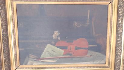 Jean-Edouard OBERLIN (v.1855-?) Violon sur un entablement Huile sur toile signée...