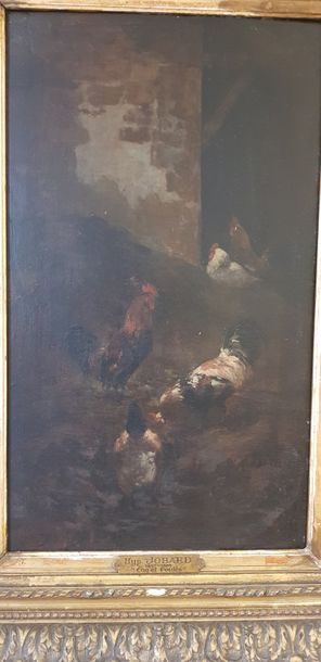 Hippolyte JOBARD (1857-1885) Coqs et poules Huile sur panneau.
Signature en bas à...
