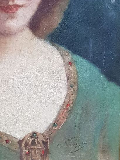 ECOLE BELGE de la fin du XIXème s.? Portrait de jeune-femme rousse à la robe verte...