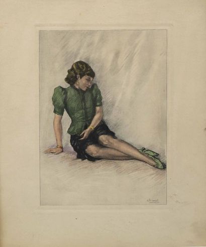Edouard-Jules CHIMOT (1880-1959) Elégante à la blouse verte Gravure (aquatinte),...