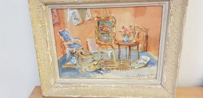MARCEL DYF (1899-1985) L'atelier du peintre Huile sur carton/Esquisse, signée en...
