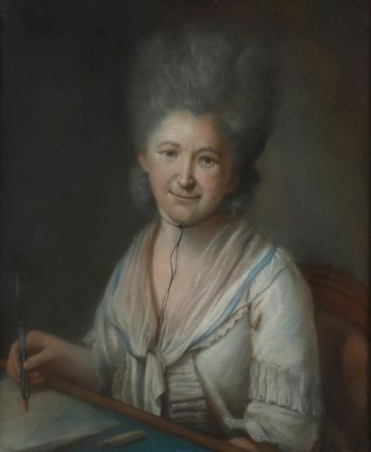 null H. 66 x 54 cm. Ecole française du XVIIIème siècle. Portrait d'une femme dessinant...