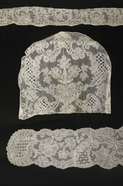 null Fond de bonnet, barbe et passe assortis, Malines, XVIIIème siècle (petites ...