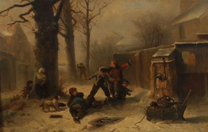 null Mari TEN KATE (1831-1910)
La glissade dans la neige
Huile sur panneau.
Signée...