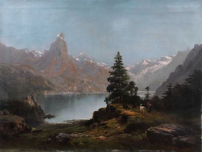 null Théodore LÉVIGNE (1848-1912)

Berger troupeau et lac Suisse

Huile sur toile

Signée...