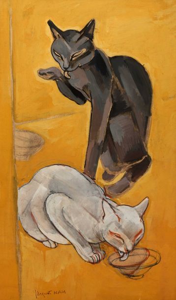 null Jacques NAM (1881-1974)

Chat noir se léchant et chat blanc lappant son eau

Gouache.

Cachet...