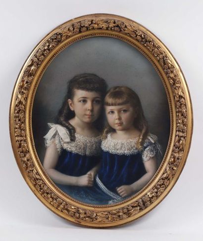 null Pastel ovale sur papier signé de MEVESE et daté 1884, Les deux petites sœurs,...
