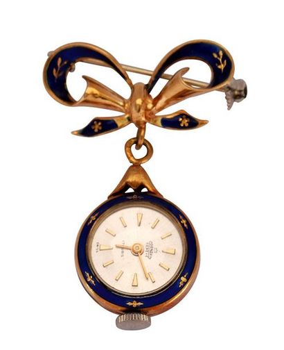 null Petite montre pendante de femme en émail polychrome avec sa broche en forme...