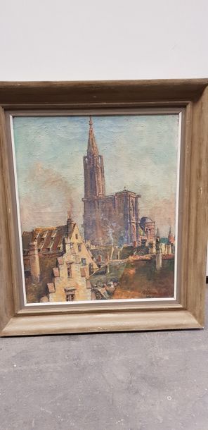 null A. CAMMISSAR ( 1873-1962 ), vue de la cathédrale de Strasbourg, huile sur toile,...