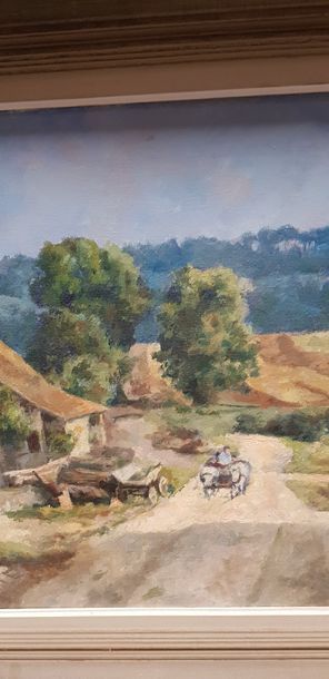 null Luc HUEBER ( 1888-1974 ),ferme et charette dans la campagne, huile sur toile,...