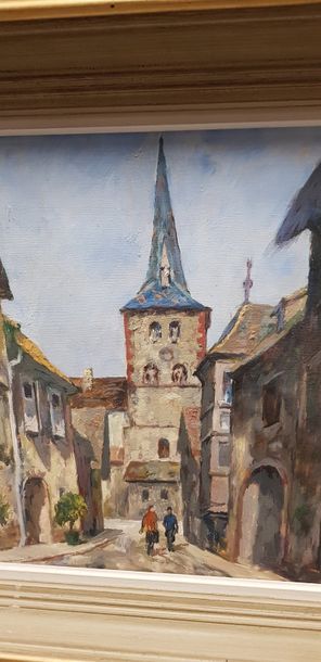 null Luc HUEBER ( 1888-1974 ), rue de village et église, Huile sur toile, signée...