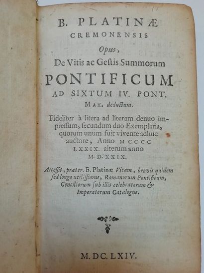 null Histoire des papes en latin, Platina de vitis Pontificum, 1664, reliure déf...