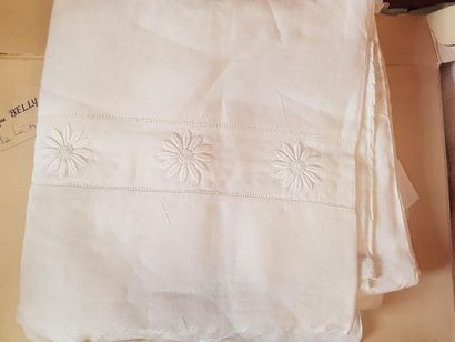 null Un lot : retour de draps l. 2.40 m et 2 taies assorties brodées de marguerites,...