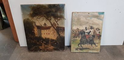 null Lot de 2 toiles accidentées : PICHON(?), Le château et Le dragon à cheval (trace...