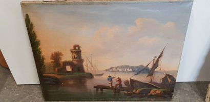 null Lot de peintures accidentées : Bateaux dans un port de Bretagne, toile ; Gondole...