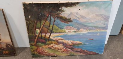 null Lot de peintures accidentées : Bateaux dans un port de Bretagne, toile ; Gondole...