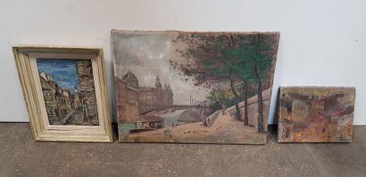 null Lot de 3 toiles accidentées dont Les quais/Vue de la Conciergerie à Paris.