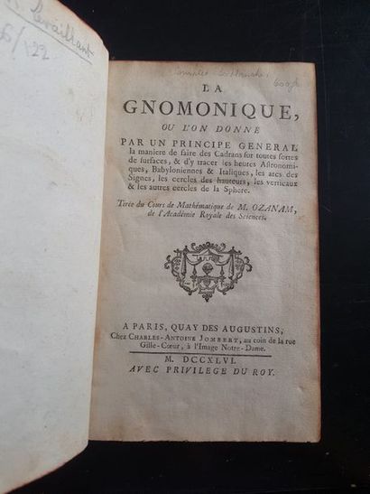 null OZANAM, Jacques. La Gnomonique…, 1746.	 In-80, pl. basane moucheté de l’époque,...
