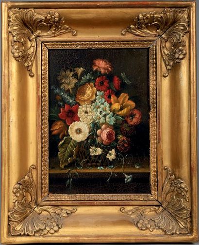 École Française du XIXe siècle 
Corbeille de fleurs
Huile sur cuivre (ancien vernis...