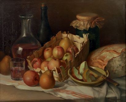 Timothée HACQUART (1862-?) 
Nature morte aux fruits et boule de pain.
Huile sur toile,...