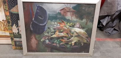 null S. LERGE (?), L’île aux perroquets (85 x 190 cm) et Nature morte aux poissons...