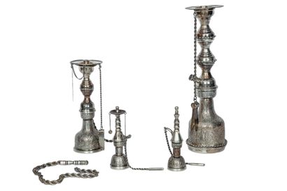Two silver plated hookah bases. Height: 27...