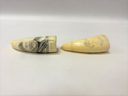 Two scrimshaws, one engraved with a portrait...