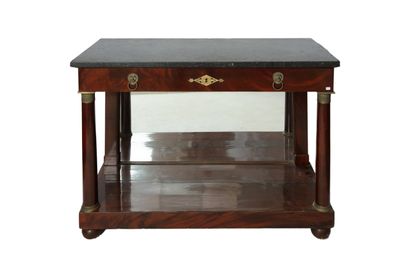  Mahogany and mahogany veneer console, opening with a drawer in the waist, uprights...