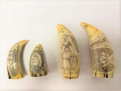 Four scrimshaws in resin, with engraved decoration...