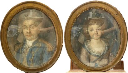  Paire de portraits ovales représentant un homme et un enfant en costume L'enfant...