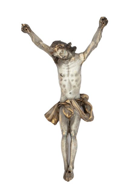 Christ en bois peint argenté H: 35 cm - L...