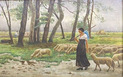  MALLE Bergère aux moutons Peinture sur porcelaine 27 x 40 cm