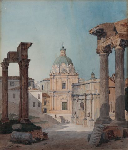  Eugène Joseph LACROIX (1814-1873) Rome, vue du forum Encre brune et aquarelle sur...