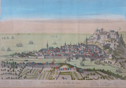  Vue perspective de la ville de Nice au XVIIIe siècle Gravure en couleurs, Basset...