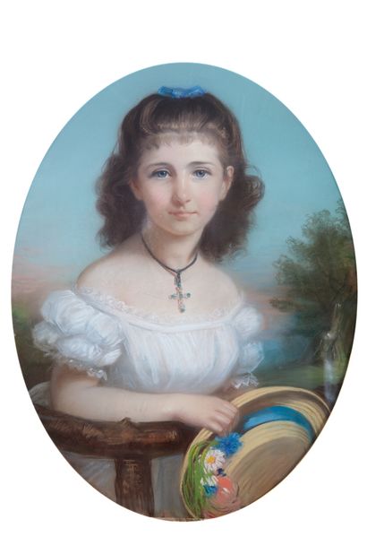  Ecole française du milieu du XIXe siècle Jeune femme au chapeau Pastel sur papier...