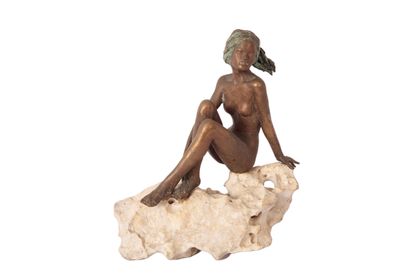  20th century school Mermaid on a rock Bronze with patina and stone Trace of signature...