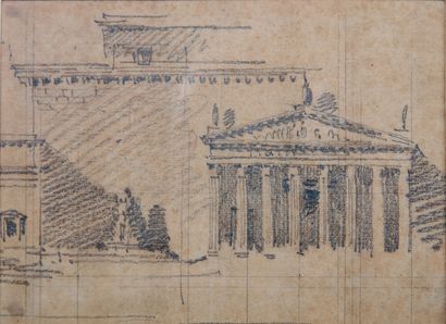 Ecole du XIXe siècle Temple néoclassique et Triglyphe Deux dessins au crayon, encre...