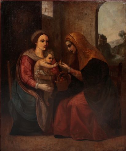  Ecole dans le goût du XVIIe siècle Vierge à l'Enfant accompagnée d'une sainte Huile...