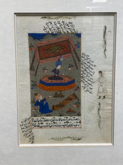  Miniature persane peinte à la gouache sur papier, représentant une scène animée...