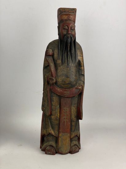  Sujet en bois laqué rouge et doré sculpté Chine Représentant l'un des trois dieux...