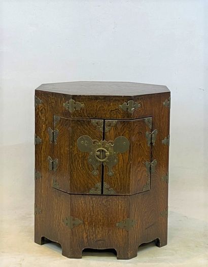  Small octagonal wooden chest with metal...