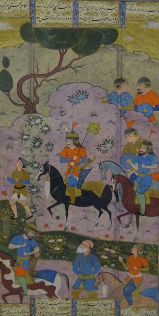  Miniature persane à décor de cavaliers dans un paysage arboré Gouache sur papier...