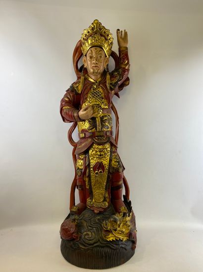 Important sujet en bois peint polychrome à l'effigie d'une divinité Asie du Sud-Est...